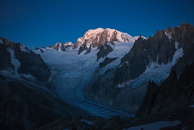 First light of the day on the Mt. Blanc massive as seen from Aig. du Moine. Chamonix, France.   © Ulrik Hasemann