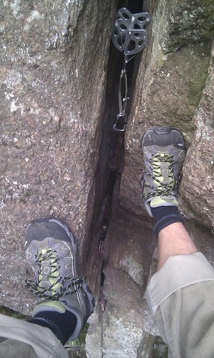 Sticky soles are great when abbing down to collect gear from failed attempts!  © Toby Archer