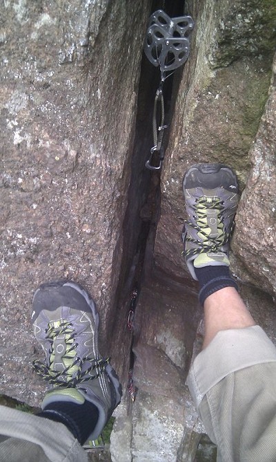 Sticky soles are great when abbing down to collect gear from failed attempts!  © Toby Archer