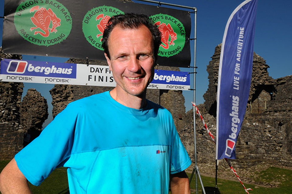 Steve Birkinshaw on the finish line inside Carreg Cennen Castle  © Jon Brooke
