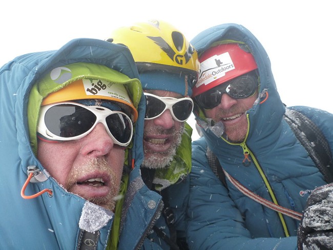 Dunglung Khangri SW Face. Summit in a whiteout. Climbers L-R Simon Yearsley, Malcolm Bass, Paul Figg. Photo Simon Yearsley  © Malcolm Bass