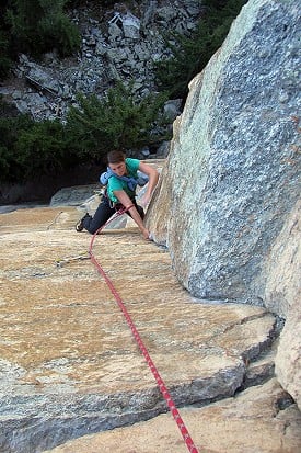 Alex Schweikart following yet another classic crack and corner climb at Medji  © Chrissi Igel