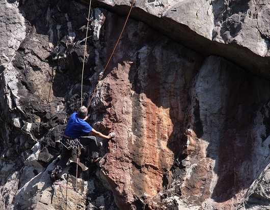 Approaching the first roof on Steppenwolf, E3 5c, Main Wall, Avon  © Brian H