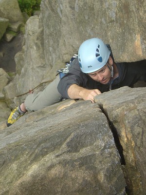 Martin Woolley - first lead on Leaning Buttress Crack (V Diff, Stanage Edge) 04/07/2004  © mdwoolley