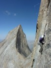 Ian Cooper on another scary traverse. Free climbing the Mirror Route, Peak 4810.