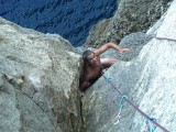 Josue on "You Shall Not Pass" F6b+ tackling the awkward tight groove on the 2nd pitch.