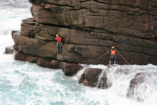 Will Rowland and Connor Holdsworth on the first pitch of Original Route on the Old Man of Stoer  © Sally Hudson
