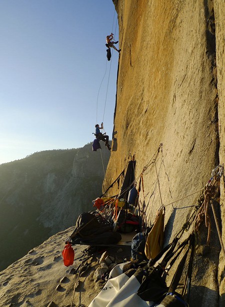Chicken Head Ledge, an amazing bivy for two nights. Here Caff and Neil jug up to try the final crux 13c corner.  © Hazel Findlay