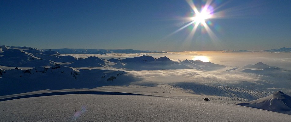 Unclimbed mountains as far as you can see… view down the Antarctic Peninsula to Brabant and Anvers Islands  © Dave