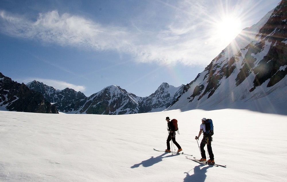 Sam Thompson and Boris Khorz ski-touring on lower Fraser glacier  © Arnaud Sors