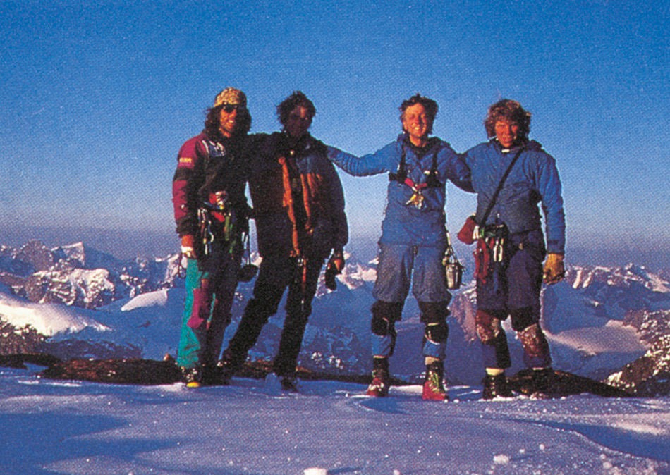 (L–R) Jordi Tosas, Noel Craine, Paul Pritchard and Steve Quinlan on the summit of Mt Asgard after making the first ascent of Hy  © Pritchard Collection