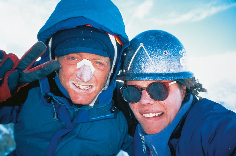 Adam Wainwright (left) and Paul Pritchard on the summit of Trango Tower in 1995 having climbed the Slovene Route  © Pritchard Collection