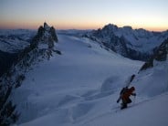 Climbing Mont Blanc du Tacul North face at Sunrise.