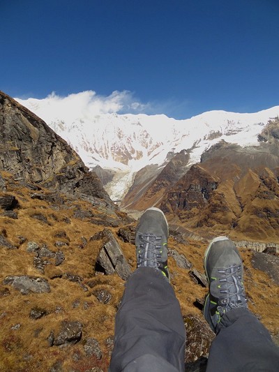 Happy feet in front of Annapurna south face  © Charlie Boscoe