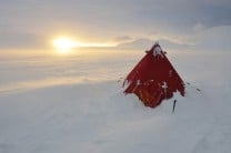 A BAS pyramid tent used during an Antarctic Peninsula winter field trip.