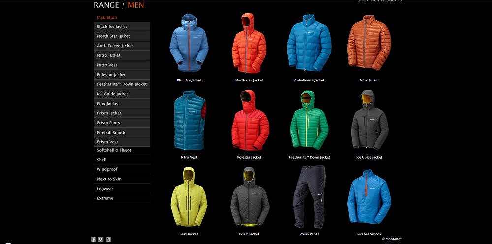 Products are presented on a simple black background for easy browsing  © Montane