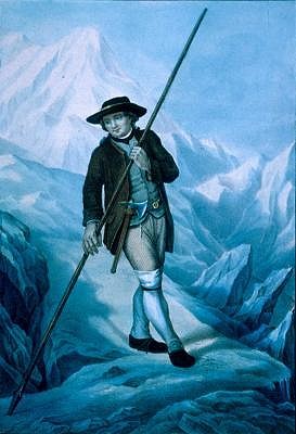 Jacques Balmat, who completed the first ascent of Mont Blanc, with an axe and an alpenstock (1786)