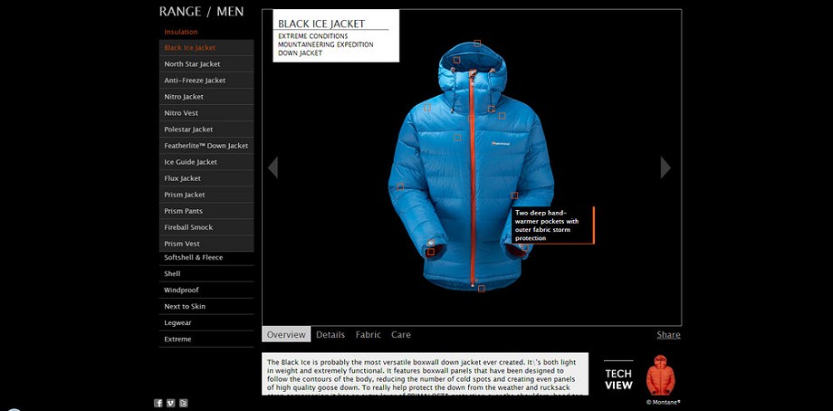 View each product's features by hovering over hotspots in the 'Tech view' image  © Montane