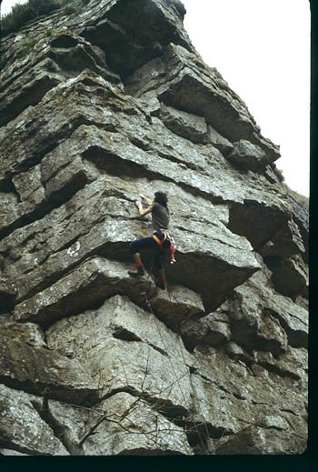 First free ascent of BBC [E2 5c], Originally required 4 pegs for aid. John Redhead climbing. 24th. September 1978.   © Tony Marr
