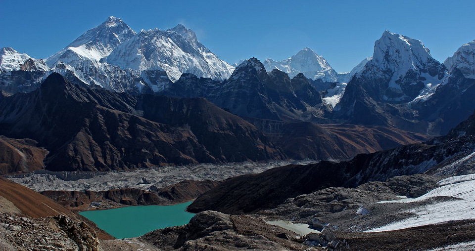 View from the Renjo La; Everest, Lhotse, Nuptse and Makalu with Goyko in the foreground.   © Rebecca Coles