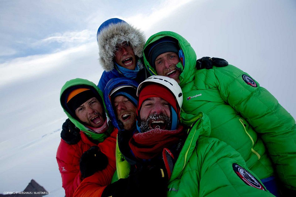 The team on the summit. Back - Leo (left) and Sean; front - Jason (left), Chris and Alastair  © Alastair Lee / Berghaus