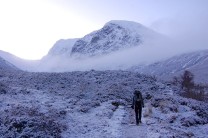 An eerie early morning walk-in to climb Comb Gully the Ben. Anticipation thick in the air like the morning mist.