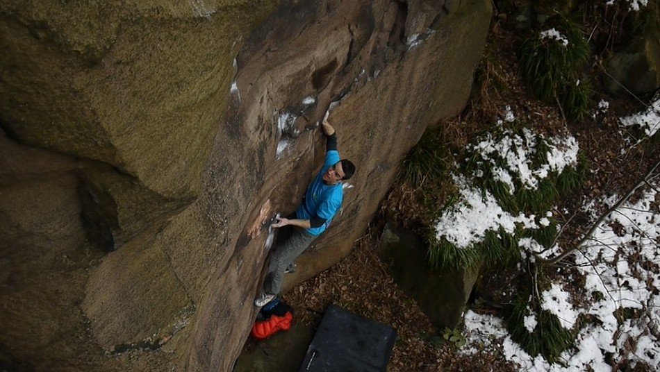 Tom Randall making the first ascent of My Kai (E8 6c) at Shining Cliff  © Wild Country/James Blay (Video Still)