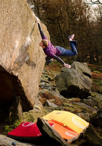 Ned Feehally puts his faith in Wild Country's new pads on The Ace 8b, Stanage.   © Nick Brown / Wild Country