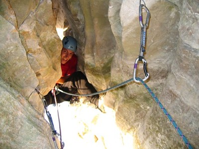 Escaping the belay cave on the Burning Giraffe/Kangaroo Wall.  © dave aldred