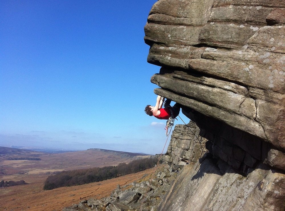 Just before taking a flyer, on Flying Buttress Stanage  © showfaman