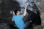 Sticking the crux of The Boatman. New problem at Dinas Rock.
