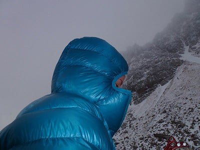 Sarah Stirling testing the Rab Infinity Down Jacket in the Cairngorms  © Nick Payne
