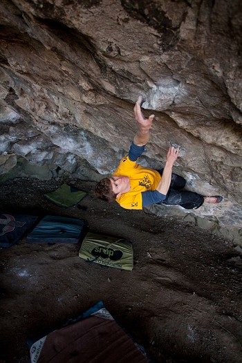 Alex Barrows on the Rock Attrocity section of the Big Link - Pilgrimage (8c+)  © Chris Lockyer
