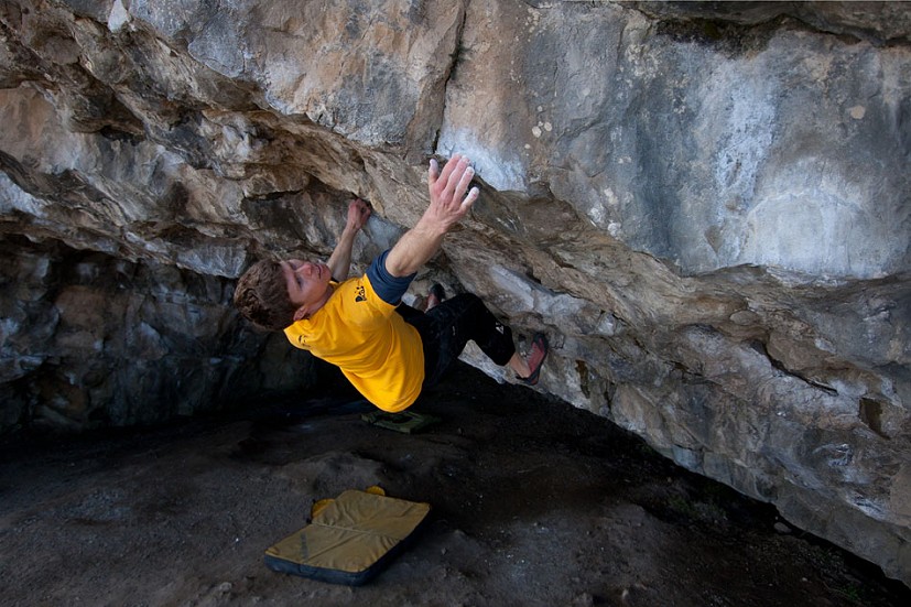 Alex Barrows making the long-awaited second ascent of Pilgrimage, Parisella's Cave.  © Chris Lockyer