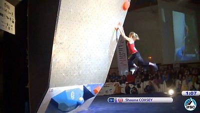 She did it! The moment Shauna latches the elusive holds on problem 1 in the finals. Go Shauna!  © IFSC - Screen Shot from Live Stream