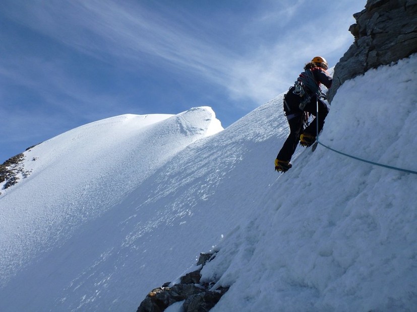 Carol on the final ridge before the summit of the Monch.  © jonnie3430