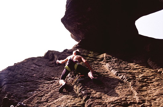 Left Wall, Brimham. 1990. Nick Dixon climbing.  © Tony Marr