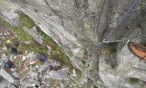 Second decent ledge on Direct Route, just after the crux, before the V Diff chimney finish. Looking down on Mike belaying.