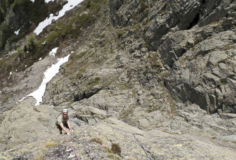 Charlie Boscoe on the magnificent upper pitch of L'ete Indien (6a)  in the Berard Valley near Vallorcine.  © Alan James