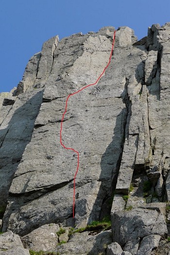 The topo showing the Line of Sentinel, E8 6c. Kaya takes the left arete of the Buttress  © Calum Muskett