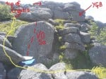 Holwell Tor - directions to Crypsis from main area (Young Gifted & Black marked) and nice V0 5a slab problem.
