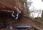 James Squire on the first ascent of 'The Hunter's Roof' (font 8a) at Huntsham, Forest of Dean.