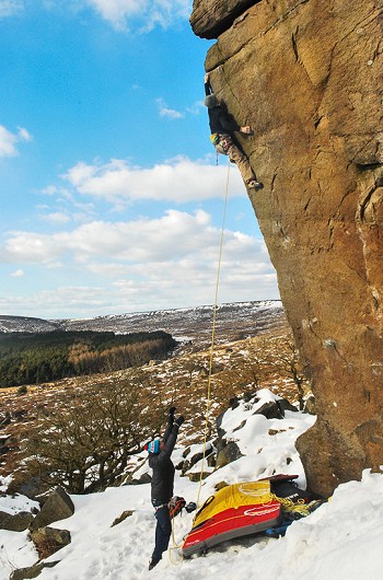 Michele donning a rope for his ascent of Messiah, E6 6c, Burbage  © John McCune