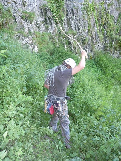 Steve Whitfield "breaking trail" on route to the lesser climbed trad routes at Cheddar Gorge  © henry castle