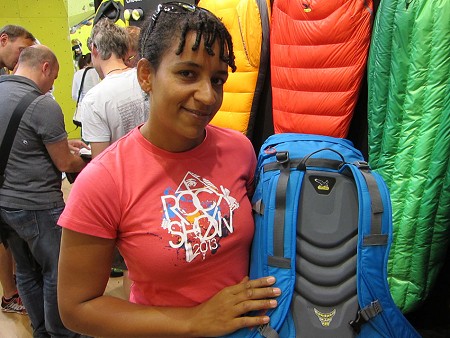 The designer responsible for Salewa's Miage shows off the nice firm padding on the back  © UKC