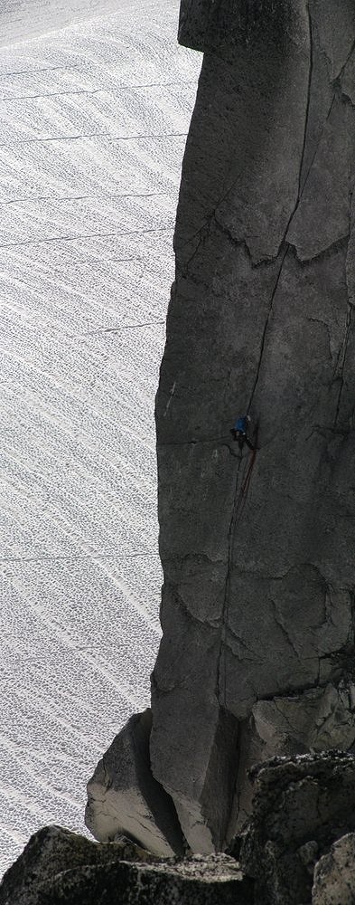 unknown climber on the first pitch of Bugaboo Corner.  Im certain they bailed due to the cold temps