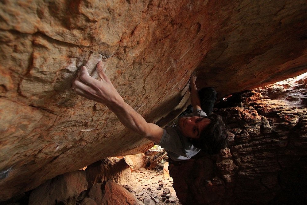 Niccolò Ceria on King of limbs, ~8B, Rocklands, South Africa  © Nils Favre
