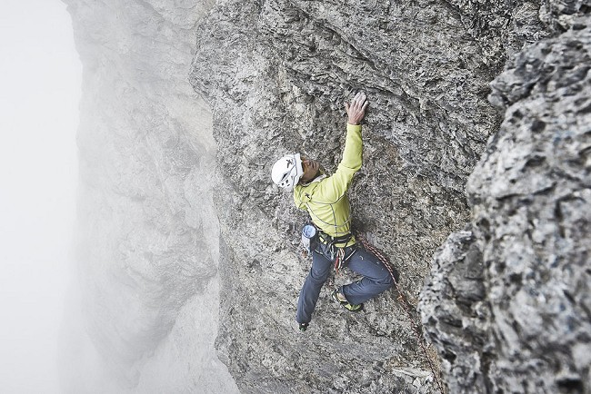 Roger Schäli on the first free ascent of the Ghilini-Piola, Eiger N Face  © Frank Kretschmann