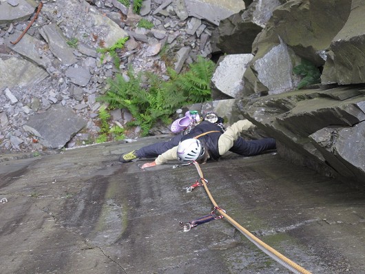 Clare on the P1 crux  © Neil Foster