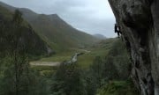 Dave on Trick of the Tail, F7b+, Steall Hut Crag, Glen Nevis